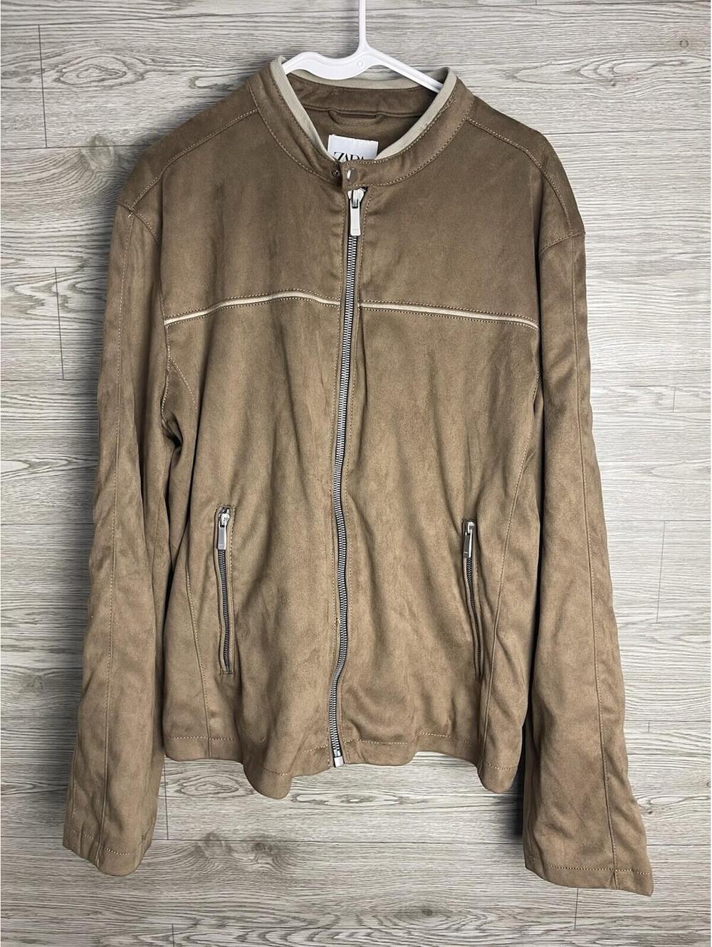 Zara Brown Faux Suede Bomber Motorcycle Jacket Men’s XL Pockets